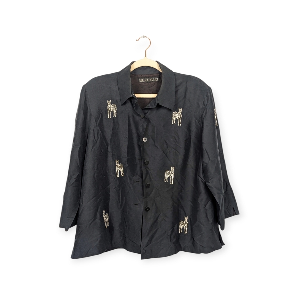 SilkLand Black Silk Embroidered Zebra Button Down Tailored Blouse Size 16